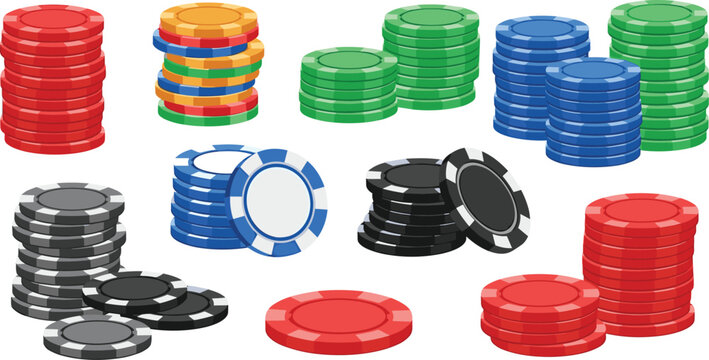 Colorful Casino Poker Chips Vector Collection with Stacked Gambling Tokens and Isolated Game Betting Pieces Illustration