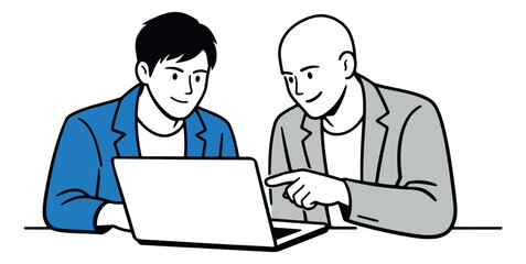 Minimalist line art illustration of two men depicting collaboration on a laptop for business