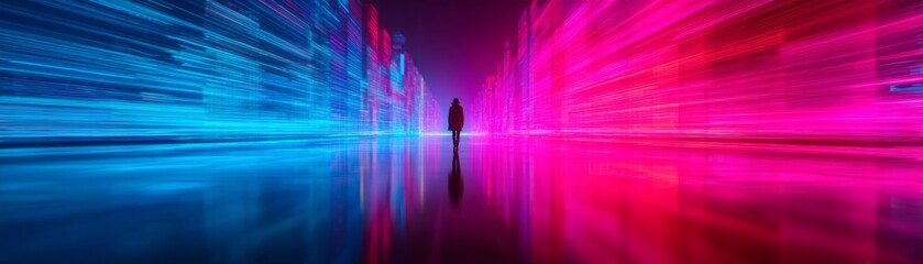 A Stunning Visual Transformation of a Futuristic Ultra-Wide Corridor with Dynamic Lights in Blue and Pink Creating a Captivating Concept of Depth and Perspective