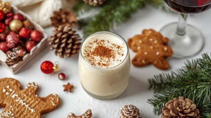 Fototapeta premium Cozy christmas scene with gingerbread cookies and a cup of eggnog