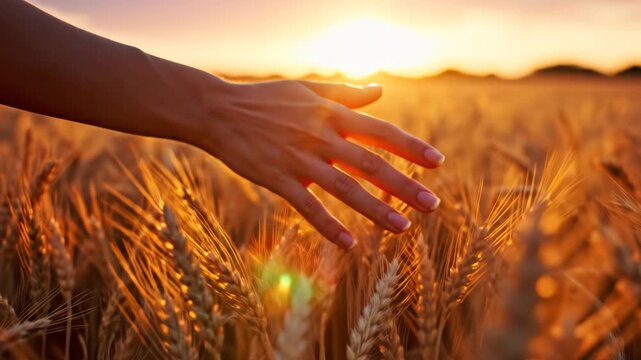 Hand touching wheat field at sunset
