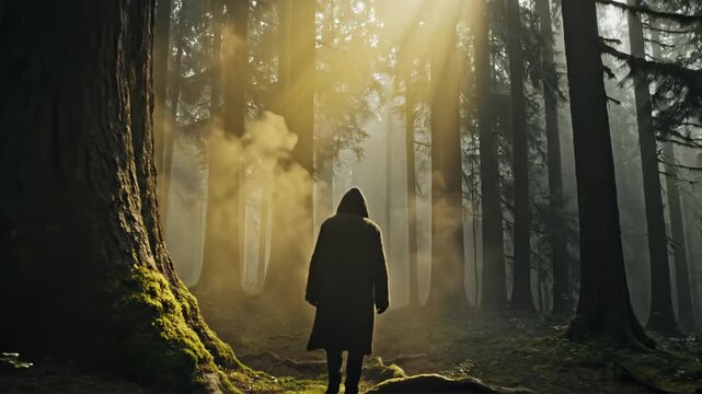 Person in hooded cloak in forest