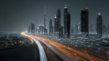 Obraz premium Futuristic smart city infrastructure design concept with integrated automated systems predictive network optimization clean energy management and scalable urban mobility solutions