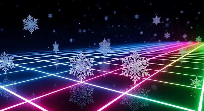Vibrant neon grid with falling snowflakes on dark background