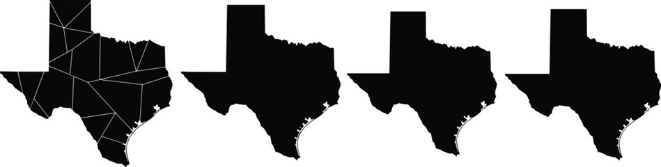 Texas state map silhouette set, geographic borders of lone star state, black regional outlines, cad drawing flat vector illustration, american southern territory cartography © RIPON