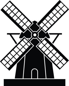 Traditional windmill silhouette icon for farming and energy concept, rural agriculture landscape element, cad drawing flat vector illustration, isolated black wind mill symbol