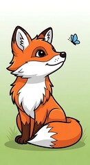 Obraz premium Cartoon Fox Sitting with Butterfly Friend.