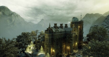 foggy mountain fortress glowing with lights, ancient stone turrets and warm windows, low clouds drifting through pine valley, cinematic moody atmosphere © icetray