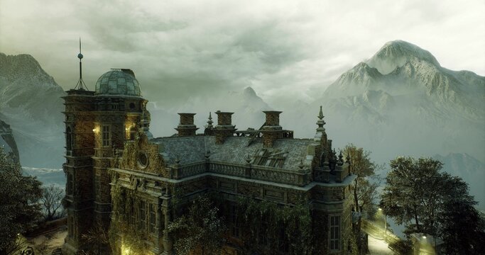 foggy gothic rooftop manor overlooking misty mountains. ornate stone towers glow with lantern light, ivy and moss cling to weathered walls, narrow chimneys