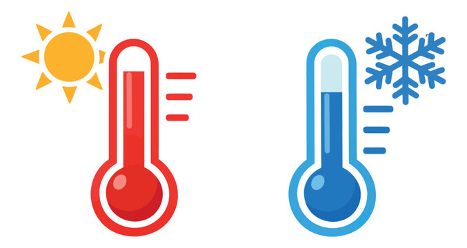 Flat icon thermometer set featuring hot and cold temperatures with sun and snowflake symbols for weather forecasting
