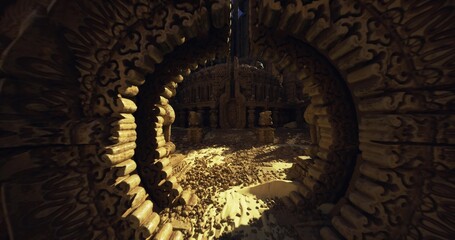 Ornate ritual chamber bathed in gold. Intricate basrelief carvings cover curved walls around vaulted arch, mosaic coin floor glinting under narrow shaft © icetray