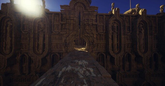 Glaring carved entrance under ornate facade with bright flare and narrow path, sentinel patrol concept for cinematic scene with rugged textures and contrasty