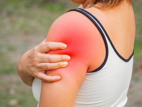 Shoulder pain with redness and inflammation, highlighting injury or tendinitis symptoms for healthcare, physiotherapy, and medical treatment ads.