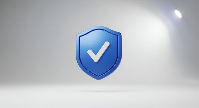 Blue shield with check mark in 3D rendering isolated for data protection and security
