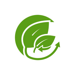 Obraz premium Green leaves recycling arrows icon for environment and nature logo