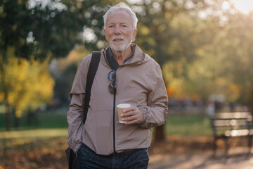 Senior man enjoying coffee on an autumn park walk
