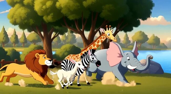 Cartoon animals at zoo with colorful building