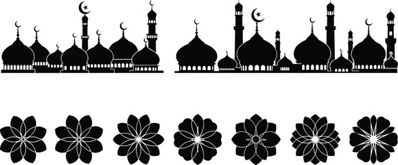 Black silhouette of mosques with domes and minarets and crescent moon symbols with floral mosque silhouette © Borhan Creatives