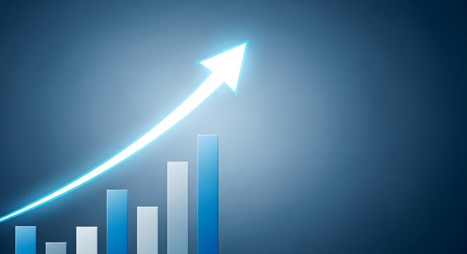 A glowing blue arrow ascends above a bar graph on a dark background