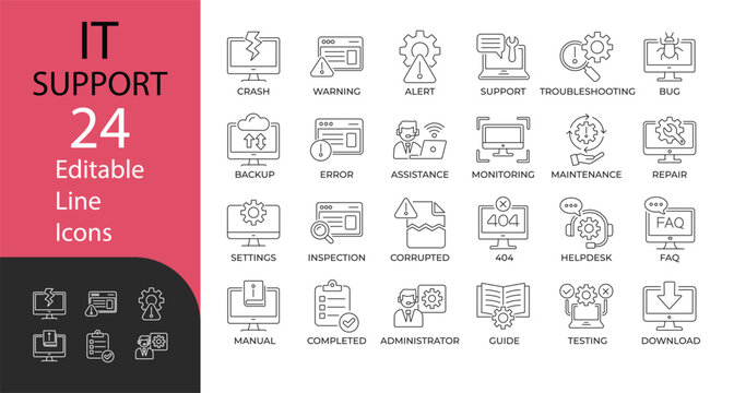 IT Support and Technical Assistance line icon set. Contains symbols for troubleshooting, computer repair, system maintenance, and helpdesk. Line vector design for web apps and digital services.
