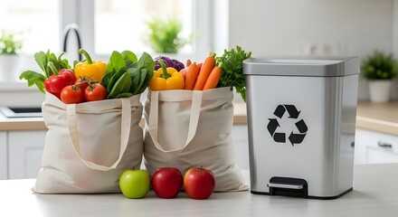 A kitchen counter with reusable bags of fresh produce and a recycling bin