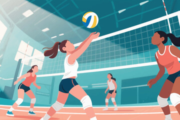 Cartoon illustration of women’s indoor volleyball game, player in white top and blue shorts jumping to hit ball near net, teammates ready behind, opponent in orange uniform focused, bright arena atmos © HardTeam