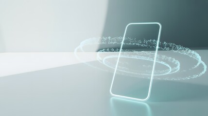 A glowing smartphone outline with swirling particles on a reflective surface in a modern room