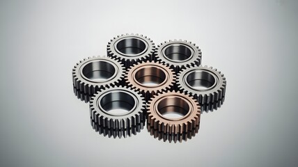 A cluster of interlocking metal gears on a plain gray background