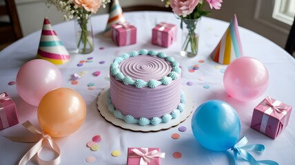A festive birthday table with a purple cake and colorful decorations and gifts