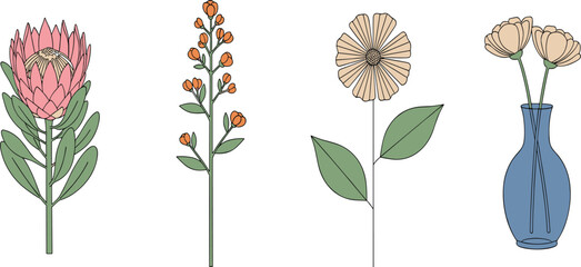 Hand Drawn Protea and Minimal Botanical Flower Vector Set with Wildflower Branch and Vase for Modern Floral Design and Natural Illustration. © MstSuborna