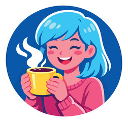 Modern cartoon style illustration of a young woman depicting her happily enjoying a steaming hot beverage for a relaxing moment