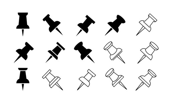 Push Pin Icon Set &ndash; Thumbtack and Map Pin Symbols in Solid and Outline Styles