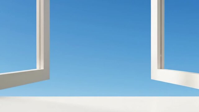 Open White Window on Blue Wall Zooming in to Clear Sky 3D Render