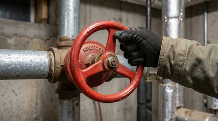 Plumbing repair operating industrial water valve wheel