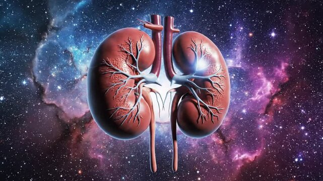 Anatomical Illustration of Human Kidneys, Displayed in Front of a Beautiful Nebula and Sparkling Star Field in Outer Space