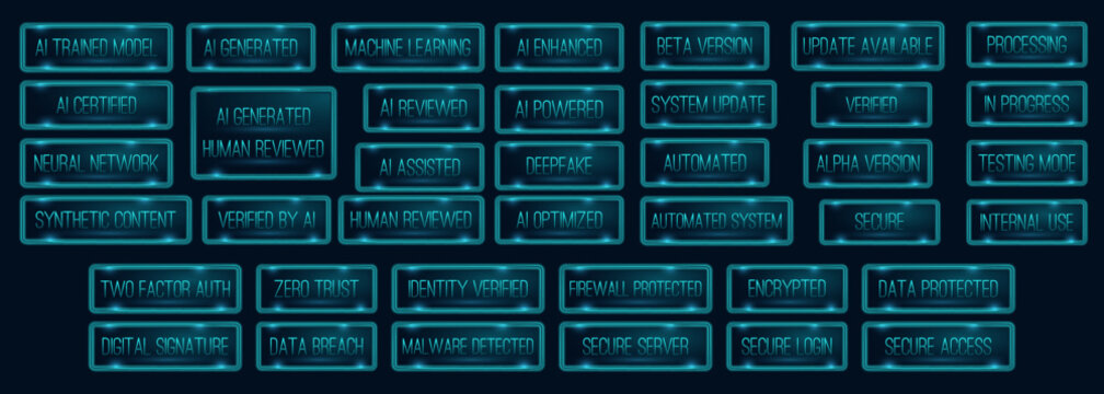 Futuristic Tech Neon Stamp Collection &ndash; AI, Cyber Security and Software Vector Set. Button Icon. UI UX design. Futuristic, Digital, Blue Tech. Vector illustration.