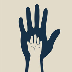 Fototapeta premium Two open hands: adult and child's hand. Concept of children's rights, family, protection. Vector illustration, flat design