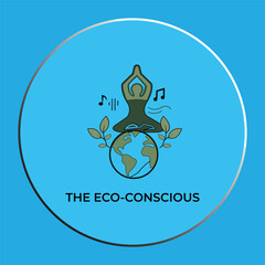 Eco-Conscious Concept Illustration with Yoga Silhouette, Globe, and Leaves on Blue Background