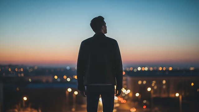 Man looking out over cityscape at sunset.