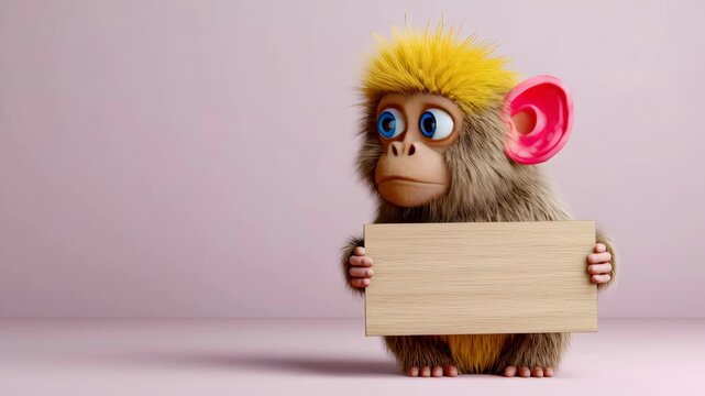 Cartoon monkey character with bright yellow hair and large blue eyes holds a wooden sign while standing against a soft pink background in a playful pose