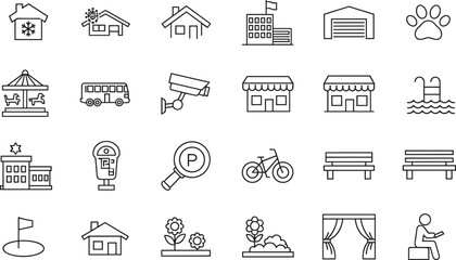 Fototapeta premium Home, lifestyle, building, and, urban, icons, set, featuring, houses, real, estate, architecture, security, furniture, transportation, leisure, gardening, decoration, and, neighborhood.
