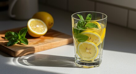 Fototapeta premium Glass of lemonade with mint leaves and slices on kitchen counter with cutting board and lemons