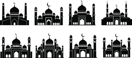 Black silhouettes of various mosques with domes and minarets on white background crescent moon © Borhan Creatives