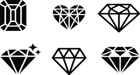 Luxury gemstone icon set with emerald cut diamond, heart shaped jewel and sparkling crystal precious stones