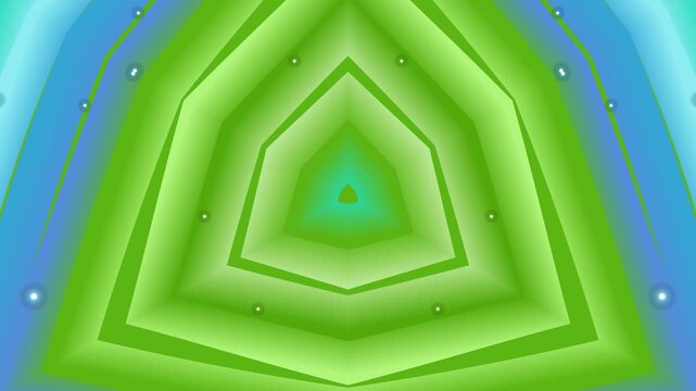 Vibrant abstract geometric pattern with glowing green and blue pentagonal shapes and subtle star-like dots creating a symmetrical visual effect.