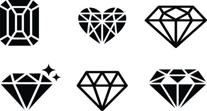 Luxury gemstone icon set with emerald cut diamond, heart shaped jewel and sparkling crystal precious stones