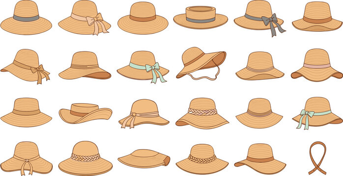 Straw Summer Hat Vector Collection with Wide Brim Sun Hats, Beach Headwear and Woven Fashion Accessories Set