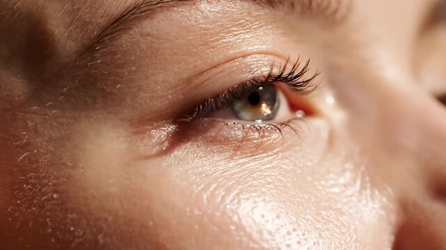Extreme close up of eye and skin with finger touching face demonstrating beauty skincare and health