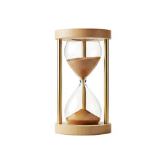 A modern hourglass with a wooden frame and gold accents on transparent background