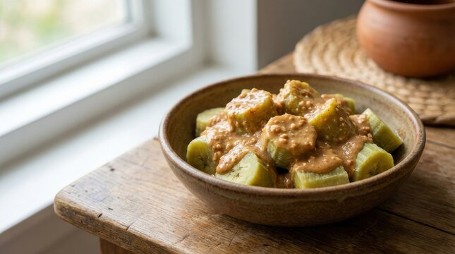 Ugandan Matoke with Groundnut Sauce in Rustic Bowl